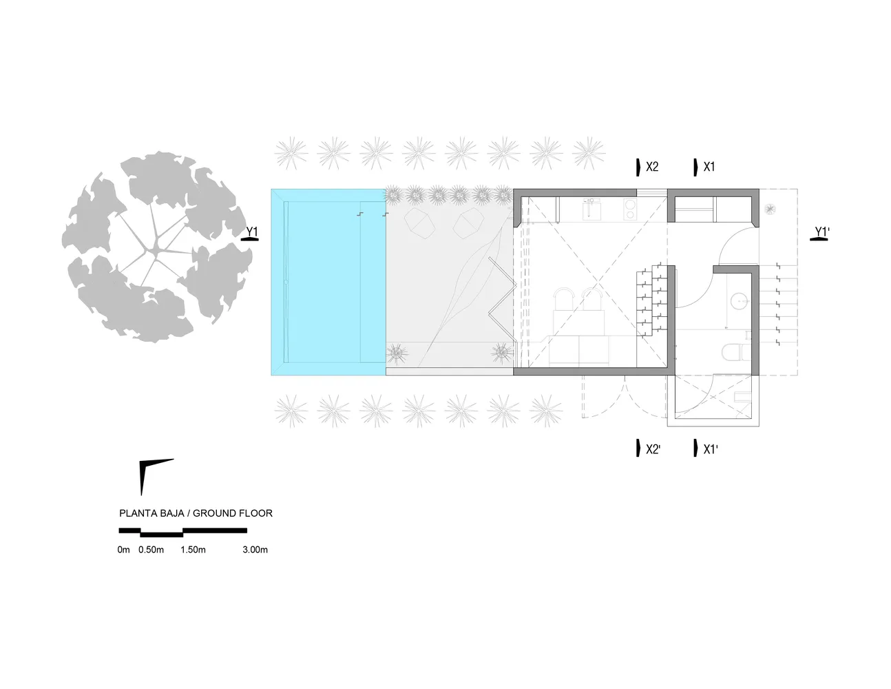 現代混凝土客廳平面圖,展示客廳區域附有壁爐、餐廳區域、廚房及陽台。