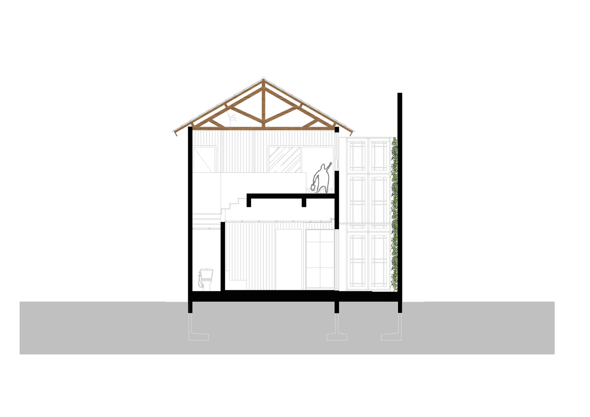 Sectional architectural drawing of a cabin interior featuring wooden materials and a pitched roof.