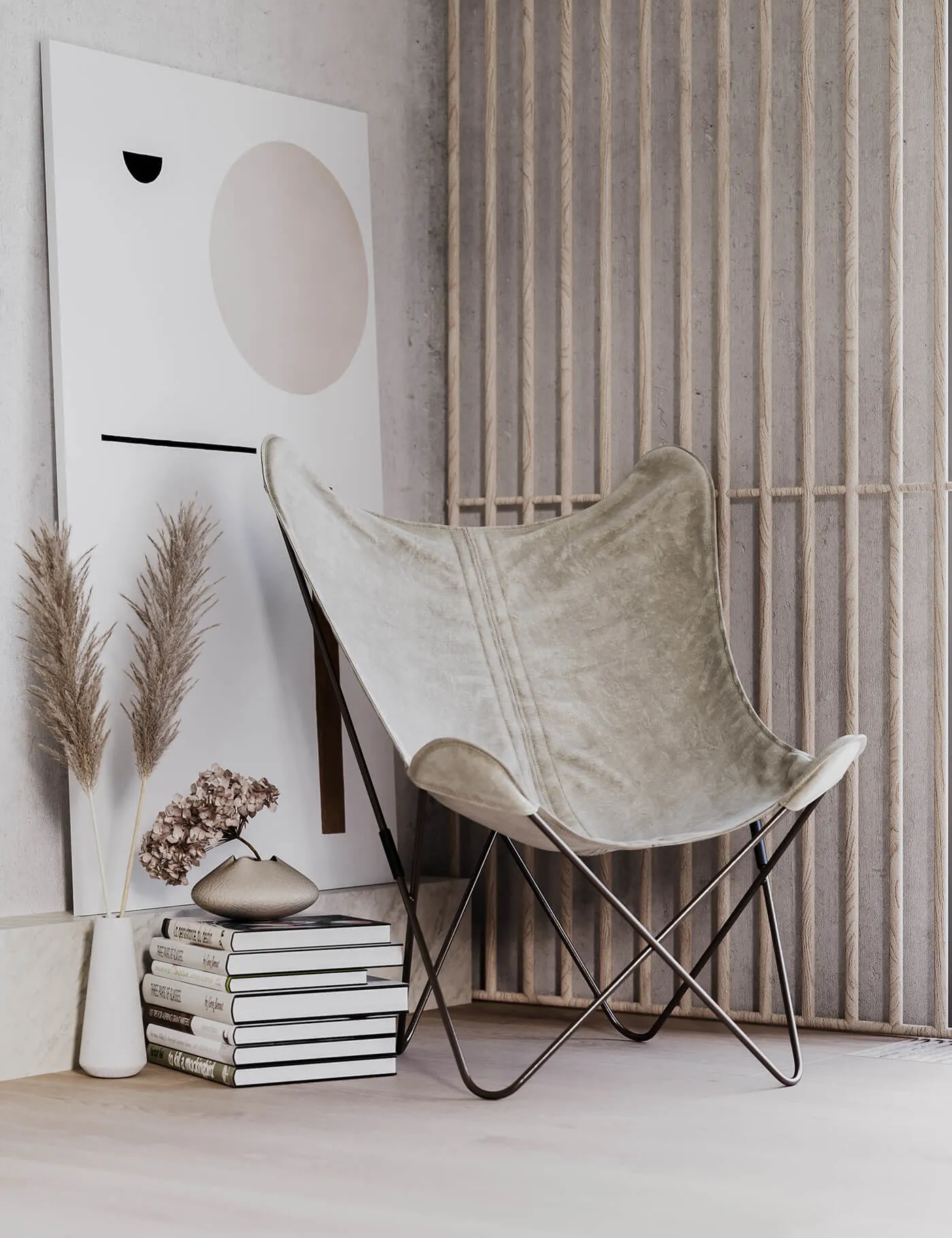A minimalist lounge featuring neutral-color leather furnishings.