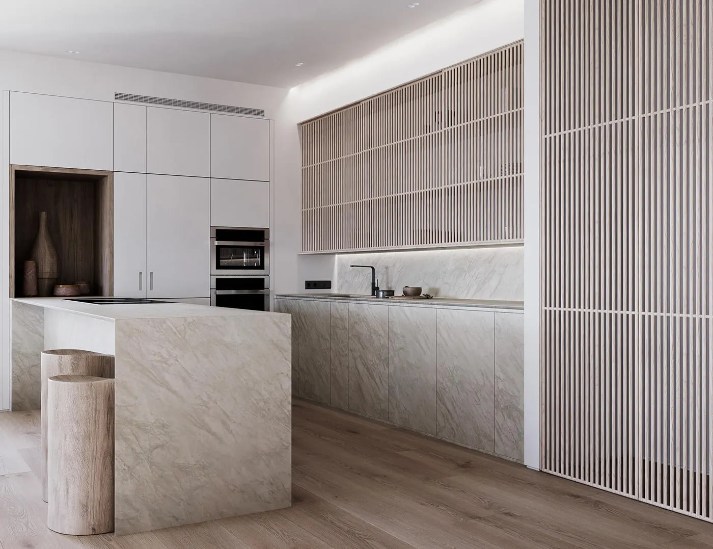 A contemporary kitchen featuring marble countertops and wooden accents