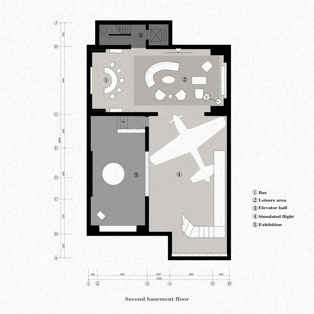 一張細膩的2D建築圖,呈現採用鋼材與玻璃材質的現代辦公室格局。
