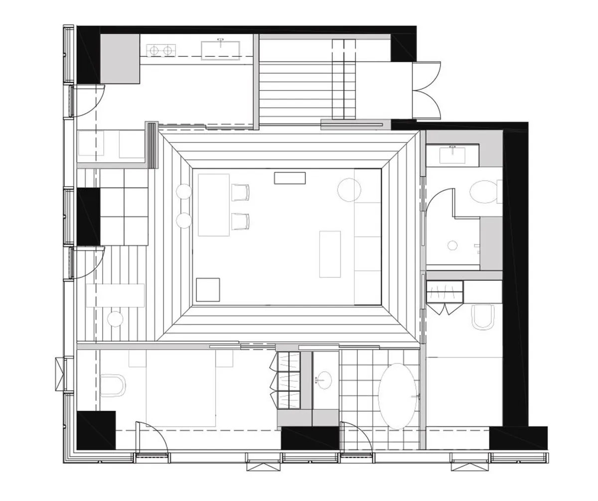 A modern floor plan with white walls and square design