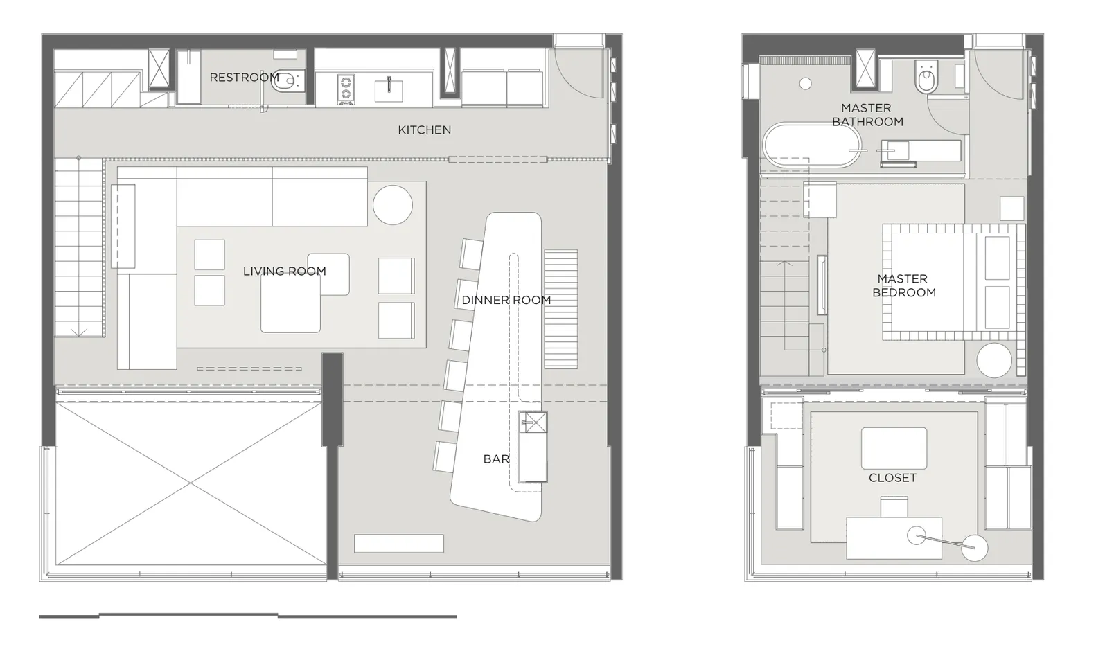 Floor plan of a modern apartment with neutral color scheme, showing living room, kitchen, dining room, and bedroom.