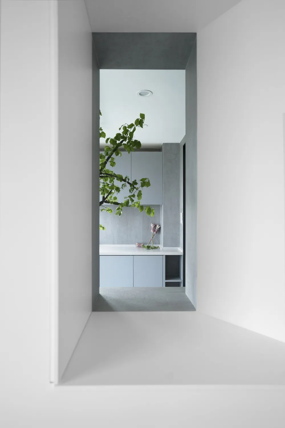 A minimalist kitchen with concrete walls and cabinets.