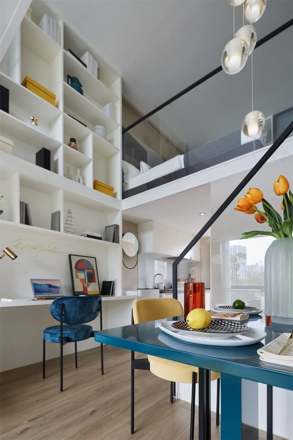 Modern kitchen and dining area with a combination of furniture and interior design elements.