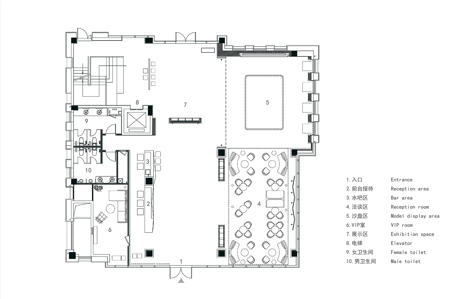 A detailed architectural plan depicting the layout of an office space, including functional zones and structural elements.