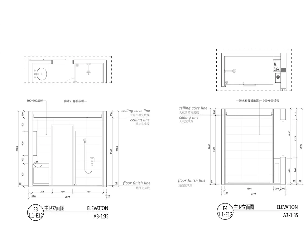 A technical drawing of a modern bathroom featuring tile, stone, and concrete materials.
