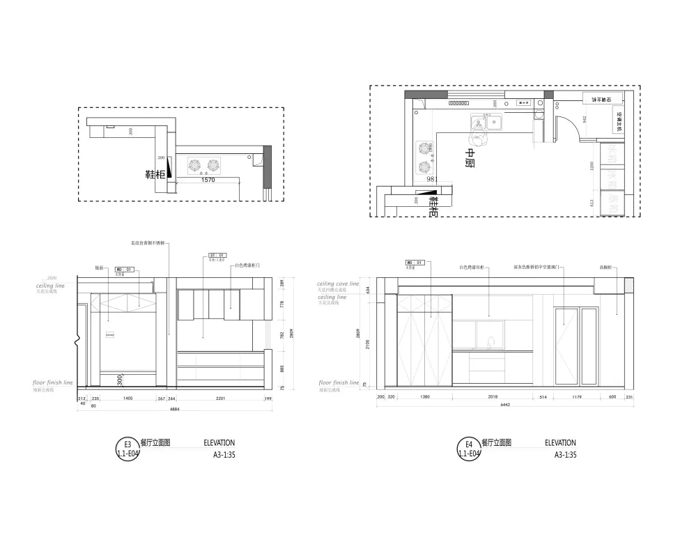 現代簡約廚房平面圖的詳細2D建築繪圖,展現俐落線條、開放空間與和諧