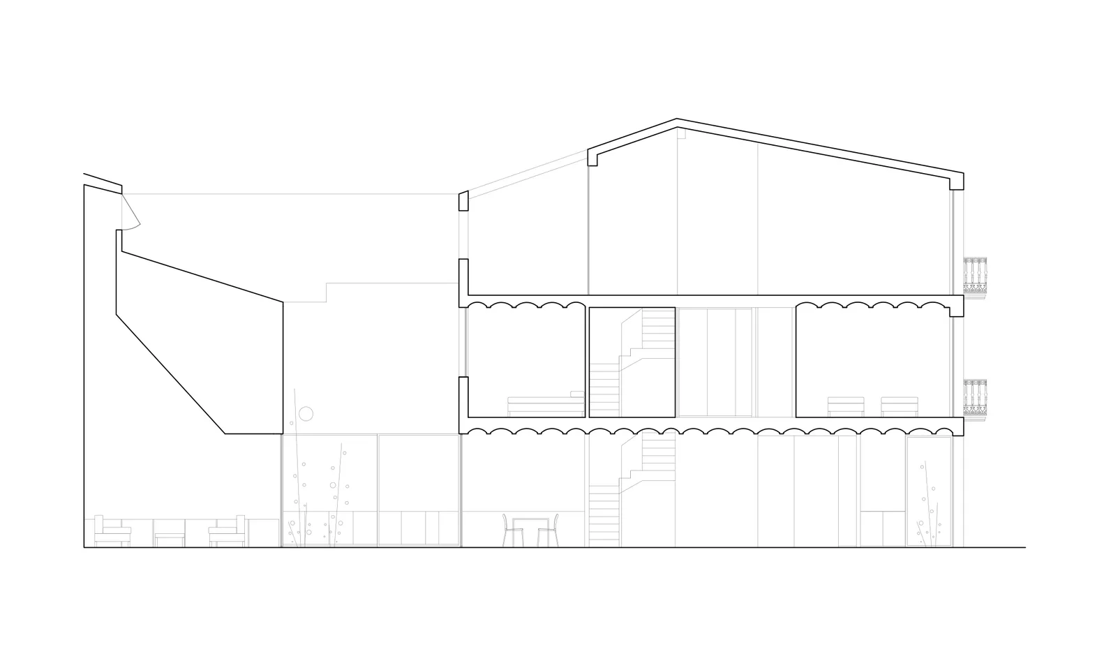 A line drawing of a residential interior featuring mixed materials and spatial composition.