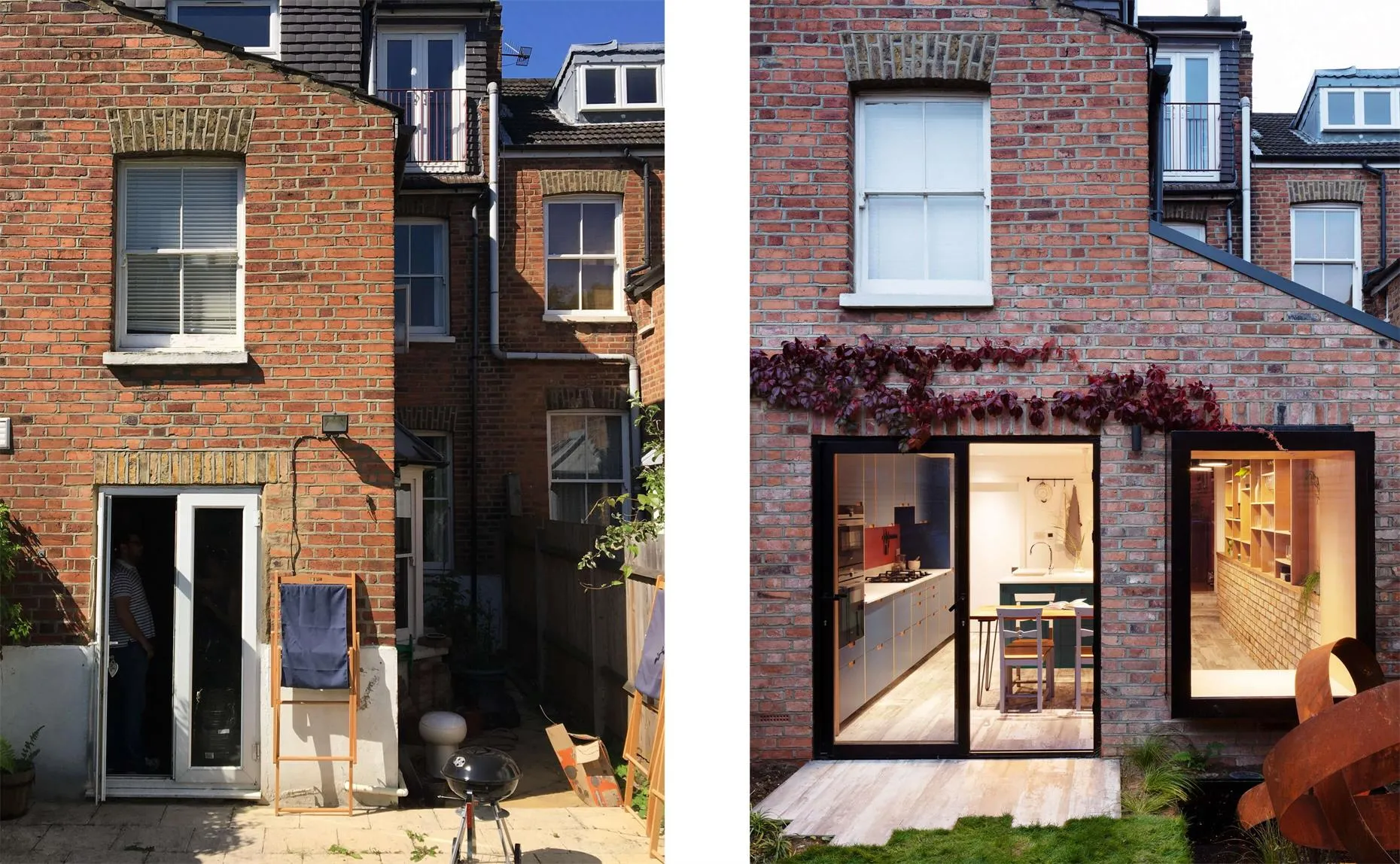 A renovated brick house facade with modern additions and greenery.