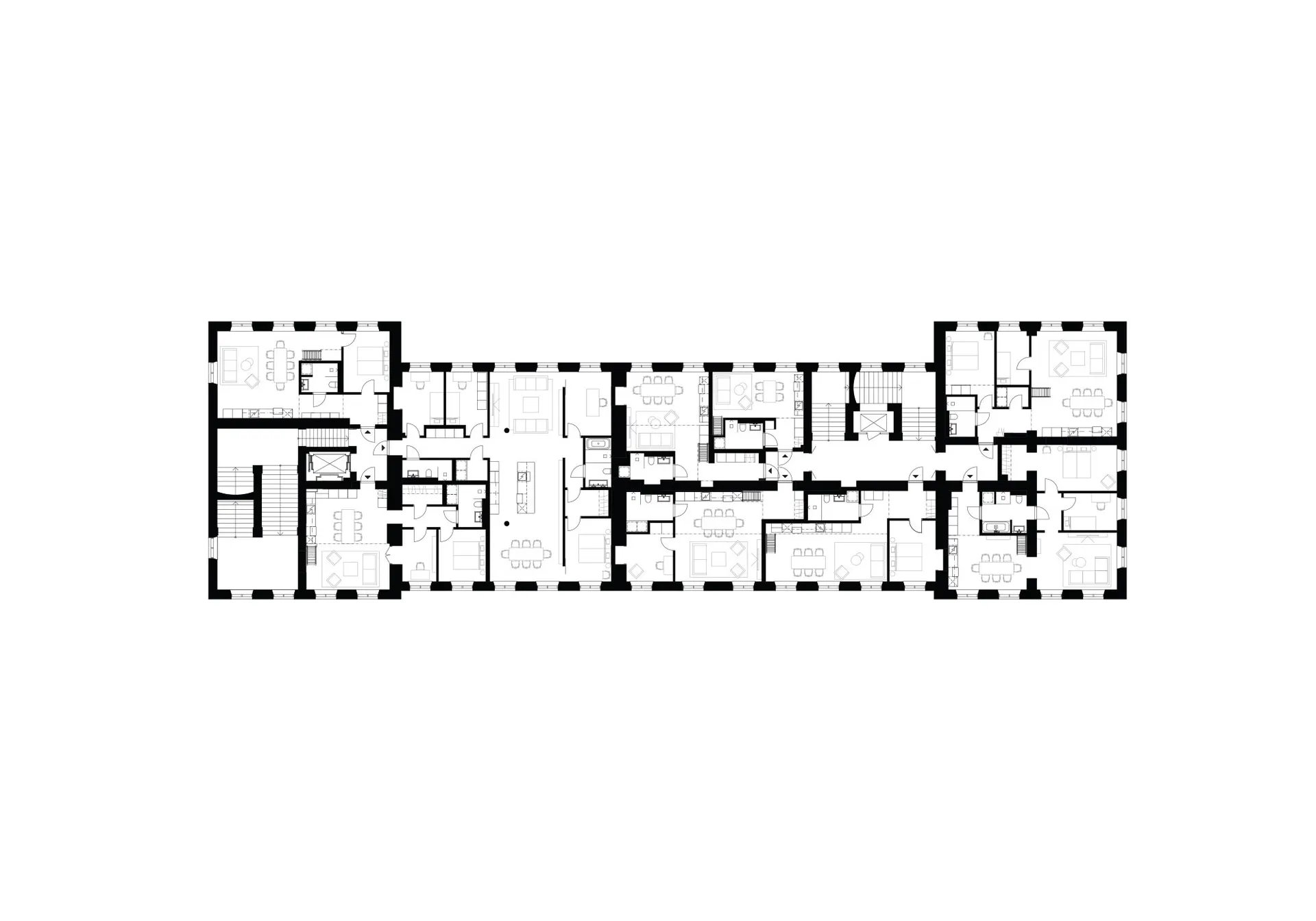 Black and white architectural line drawing of a building floor plan.