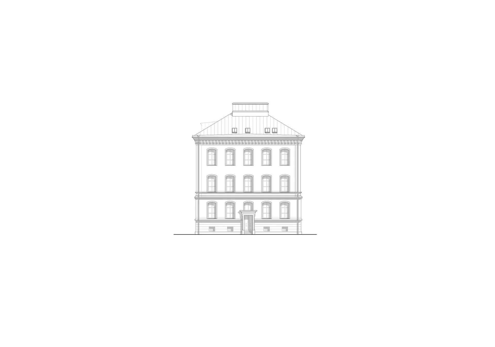 古典建築外觀屋頂線條圖,描繪一座多層建築,配有金屬屋頂與裝飾簷口。