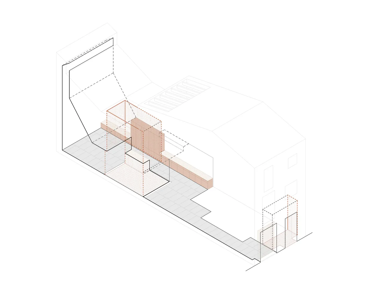 極簡現代室內場景，展示一座懸浮木質層架。