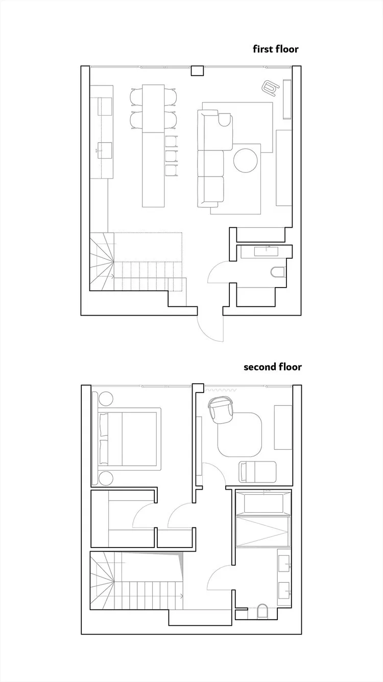 一張詳細的技術圖，描繪現代住宅建築的整體配置，包含各樓層與房間。