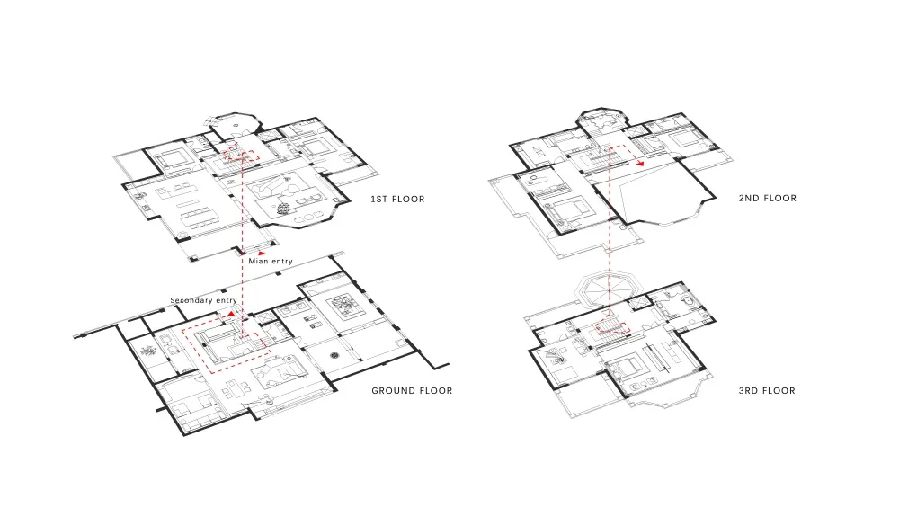 Floor plan of a residential building with multiple levels and designated areas.