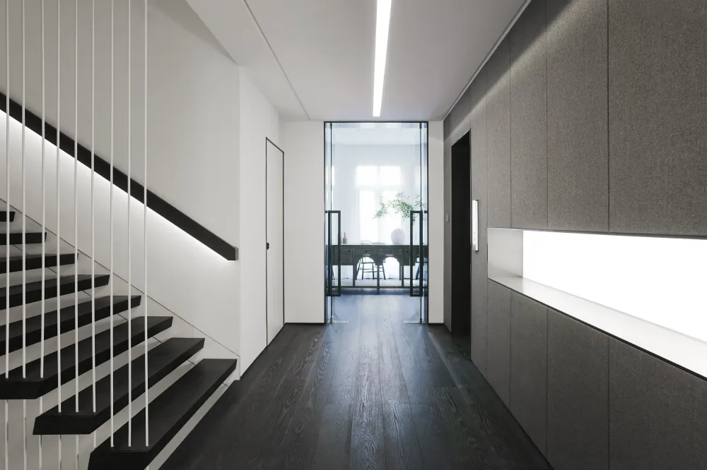A modern interior design featuring a corridor with dark wooden flooring and minimalist fixtures.