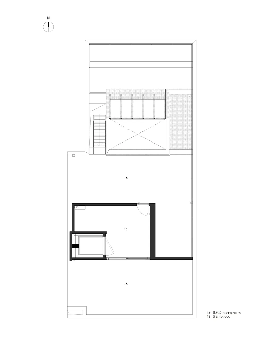 Modern floor plan with a resting room and terrace.