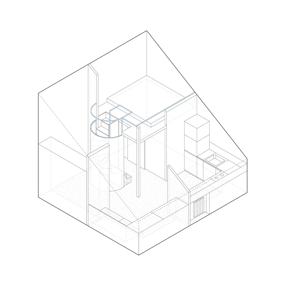 閣樓改建的等角圖,展示螺旋梯與混搭材質。