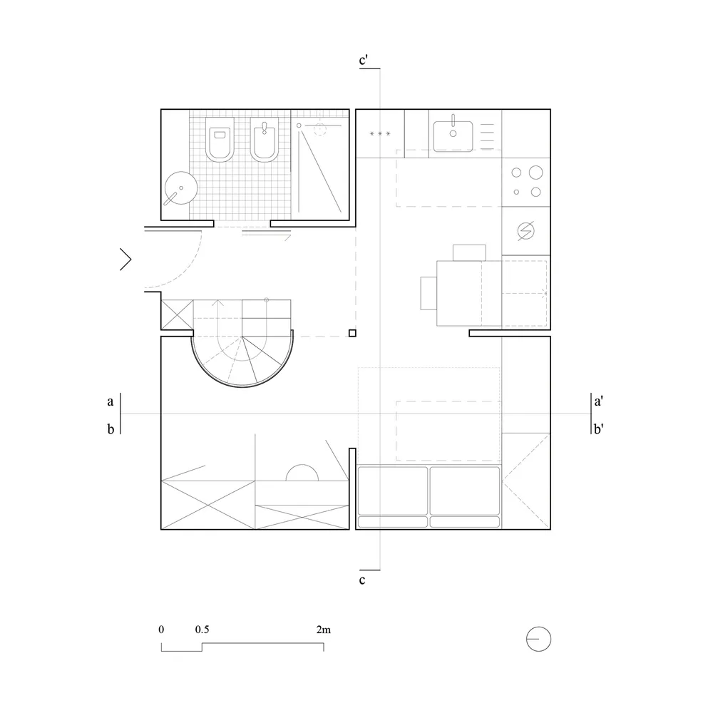 A detailed 2D architectural layout of a modern living space with various functional zones and furniture arrangements.