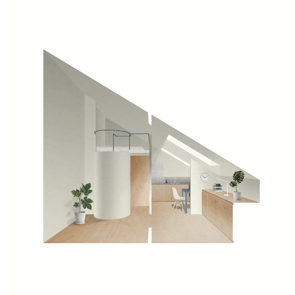 現代住宅室內，採用木、混凝土與玻璃材質。