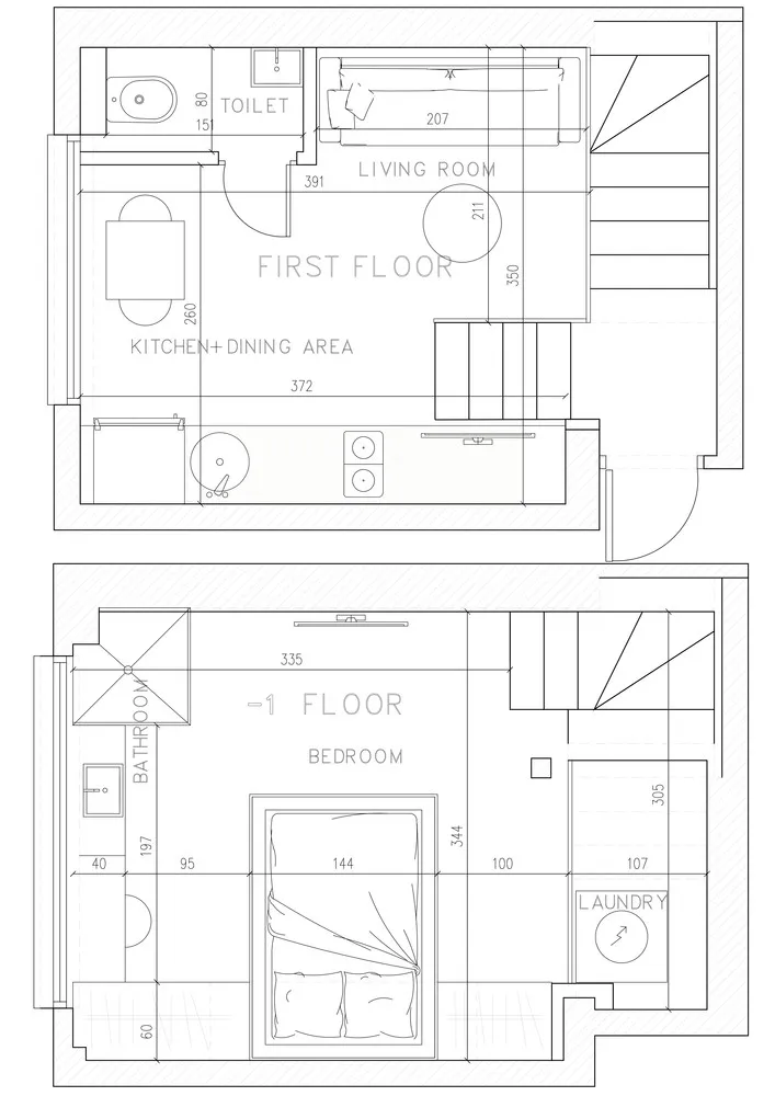 Floor plan of a home's first floor including a living room, kitchen/dining area, bathroom, bedroom, and laundry room.