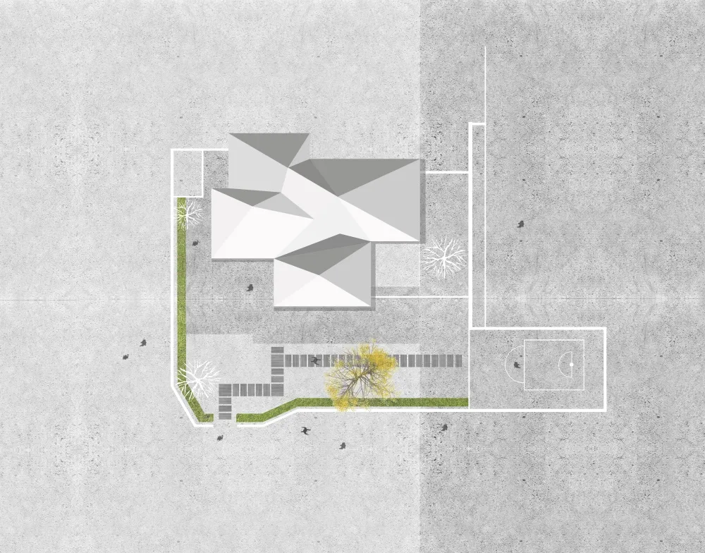 Modern floor plan with grey and white geometric shapes.