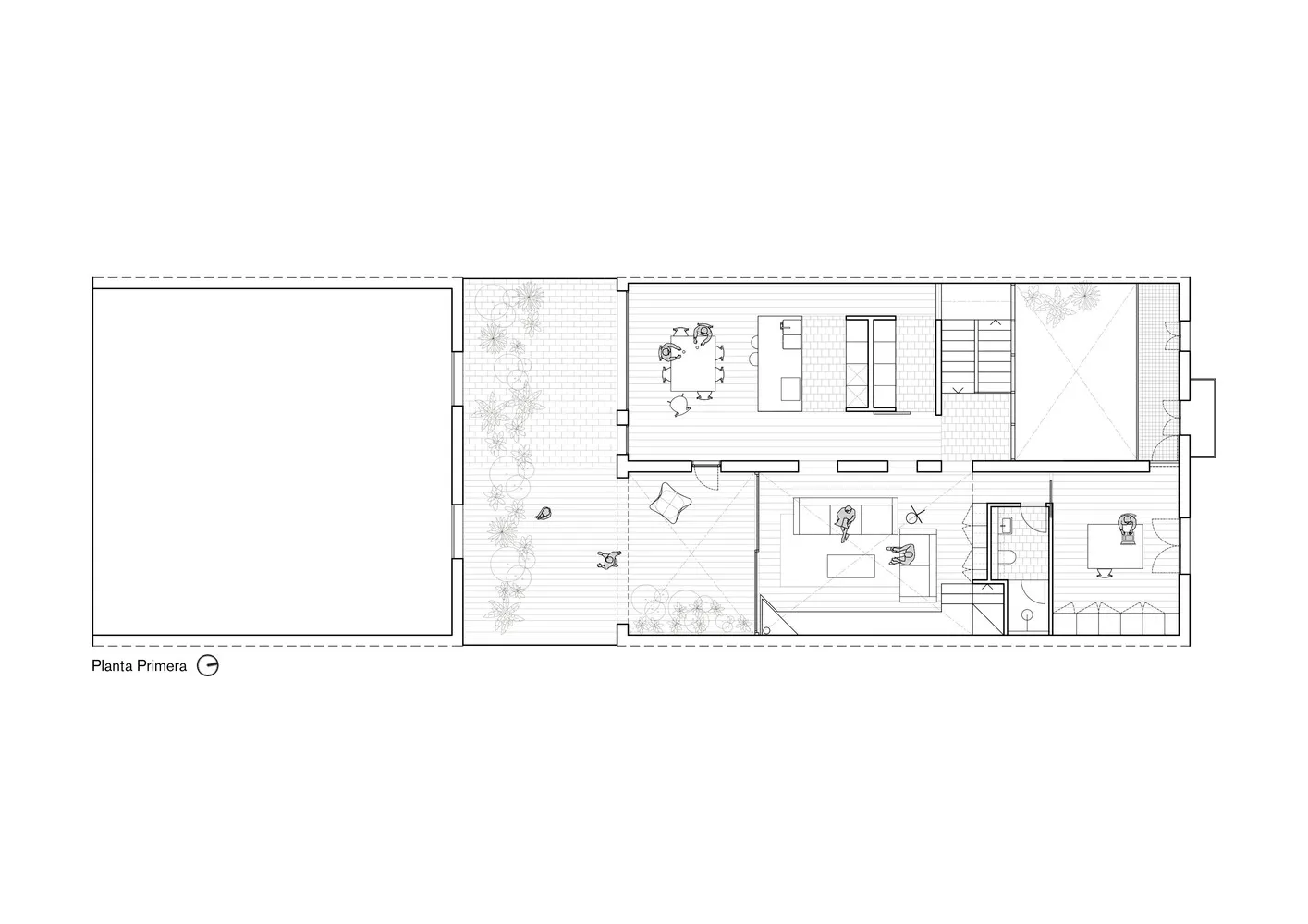 現代住宅平面圖,呈現開放式客廳空間,搭配廚房與餐廳區域,以及臥室附設衛浴