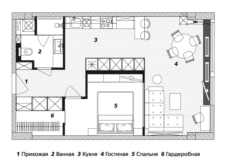 Minimalist layout of an open-plan living space with a kitchen, dining area, and living room.