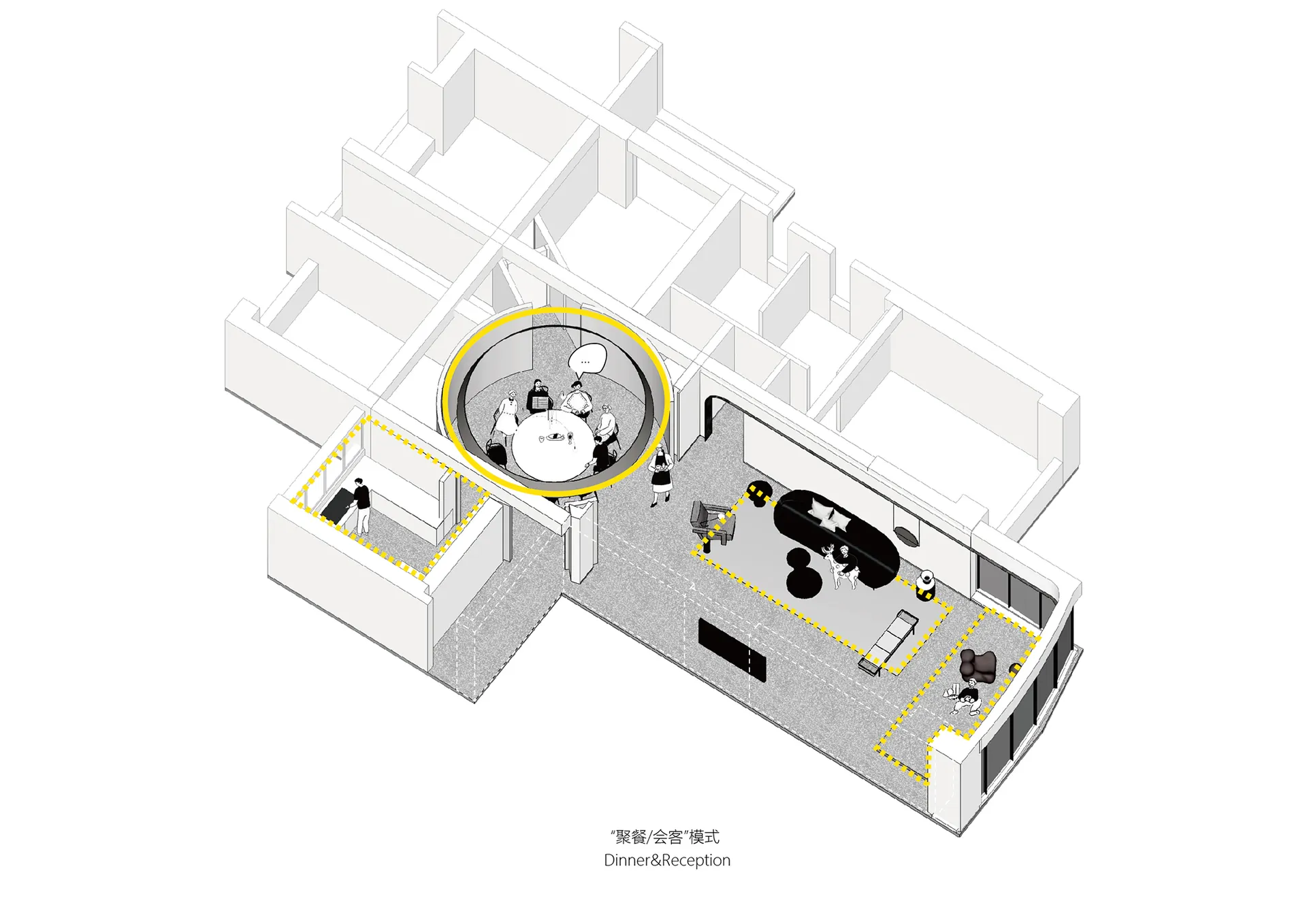 現代活動空間的等角視圖，搭配混凝土地板與牆面。
