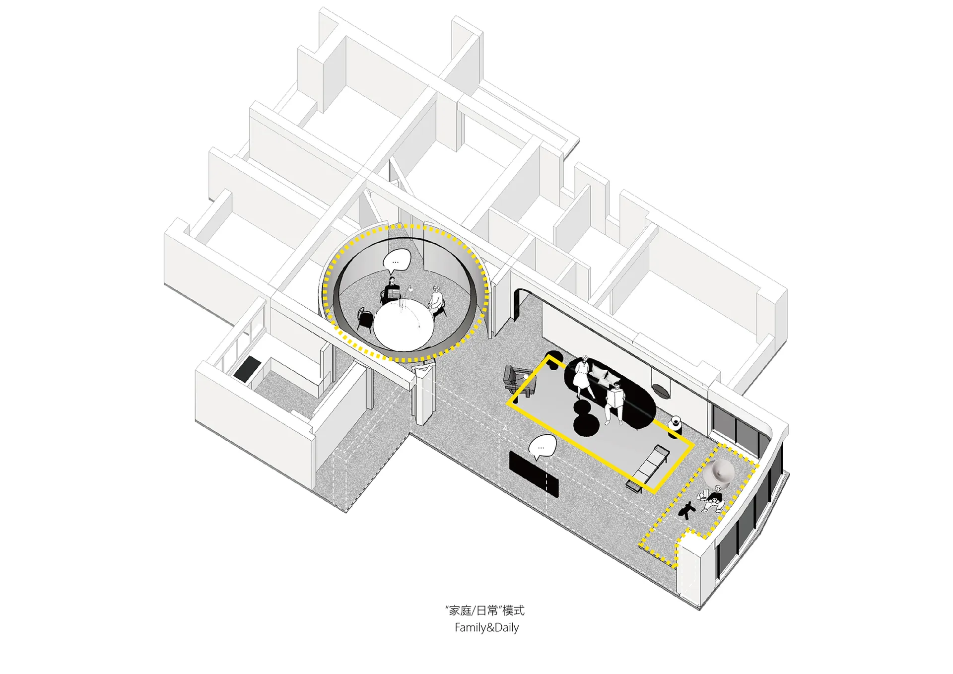 Floor plan of a residential house showing various rooms and functional zones.