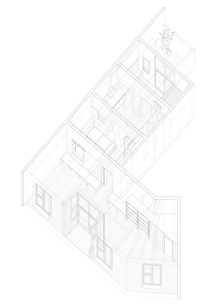 現代辦公室空間的線稿建築圖，呈現結構元素與平面配置。
