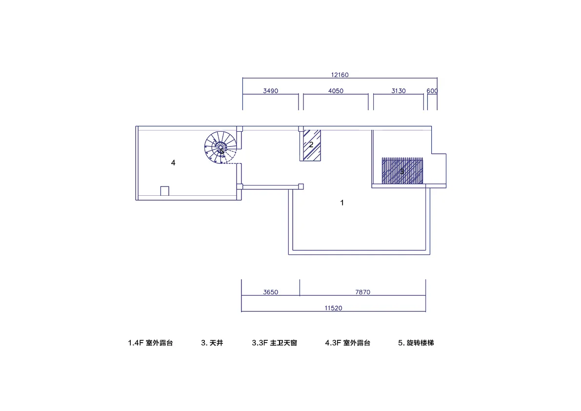 現代建築平面圖，附有標註尺寸與指定區域。