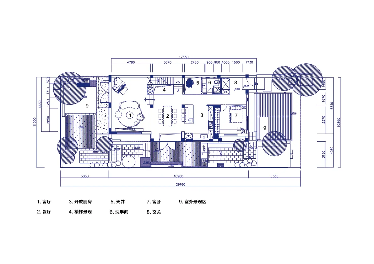 一張詳細的2D技術圖，展示現代住宅的整體配置，包含各功能區域與尺寸標示。