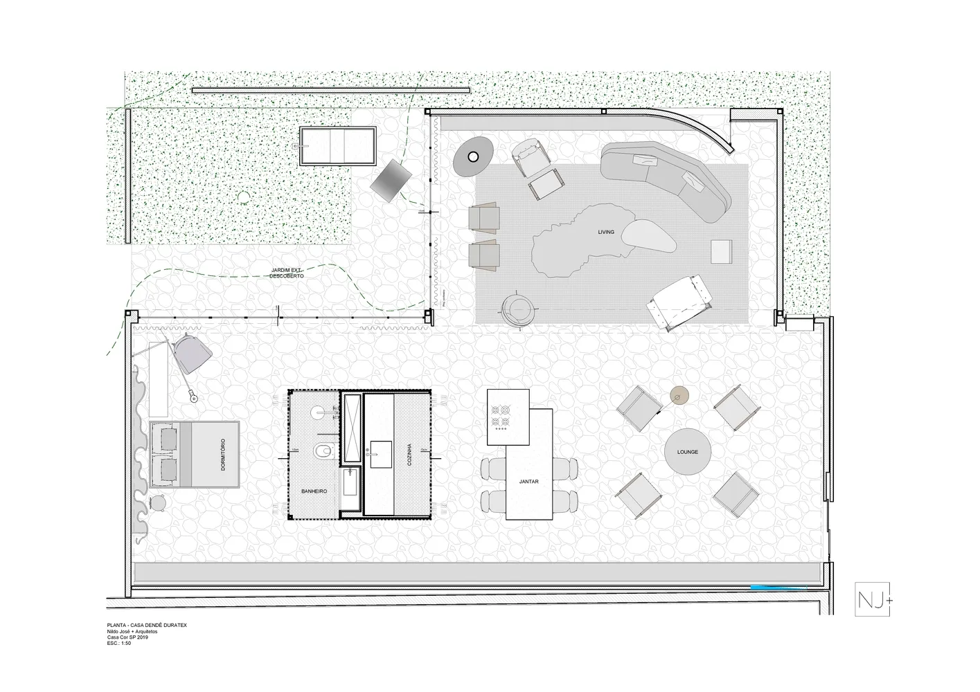 Floor plan of a modern interior design with a concrete material.