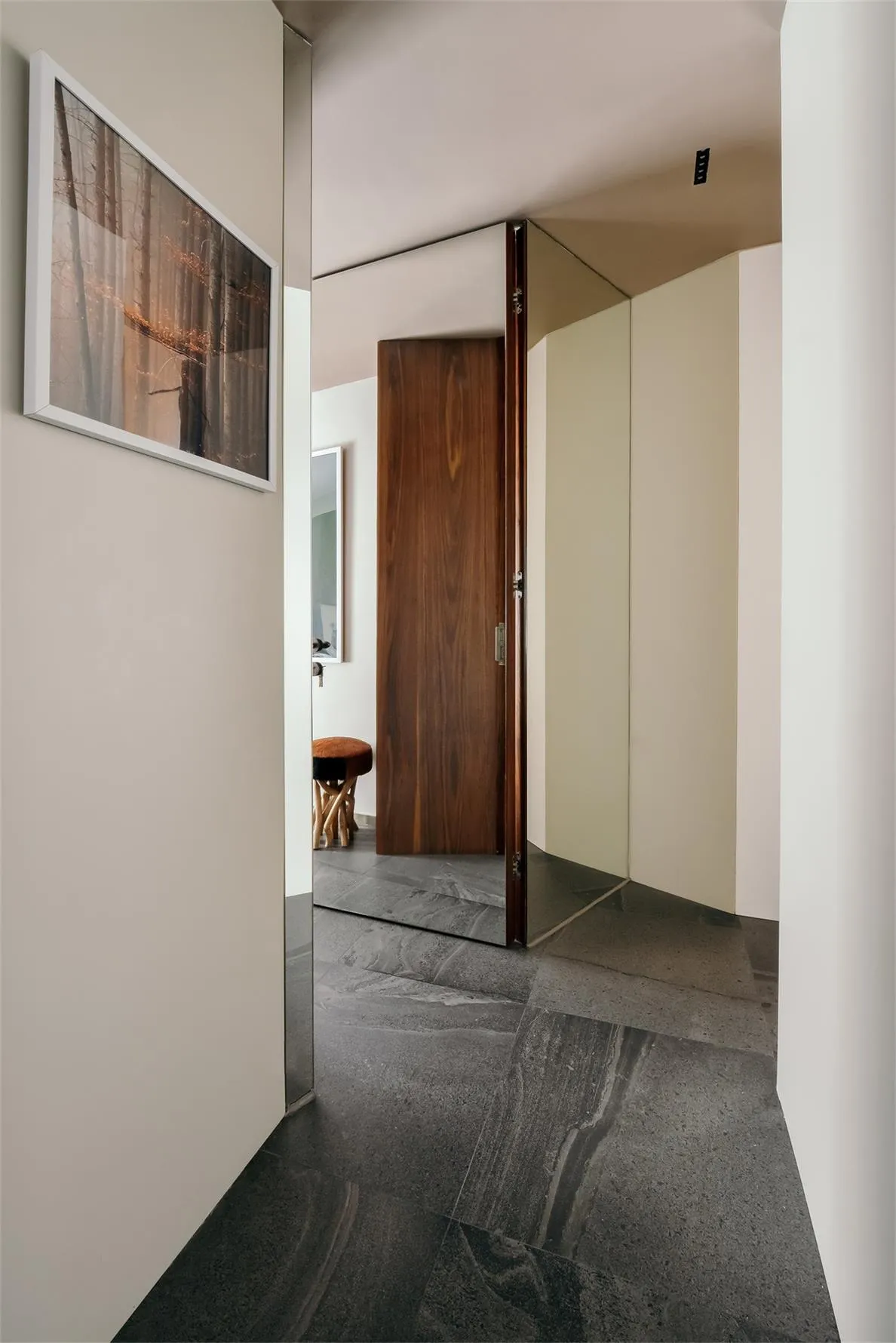 A modern, minimalist entryway with a dark wooden door and concrete flooring.