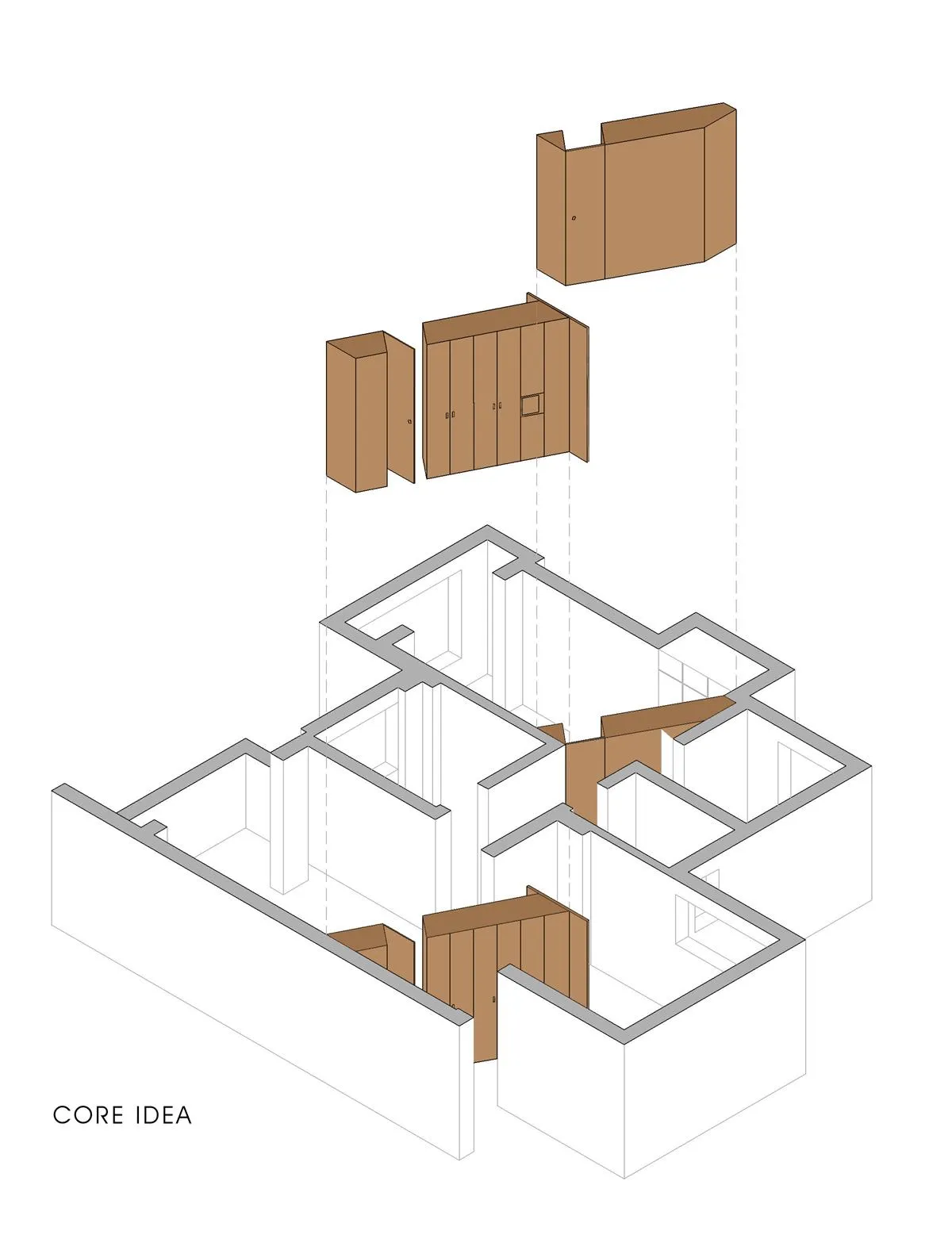 An architectural drawing of a modern residential floor plan featuring wooden cabinets.