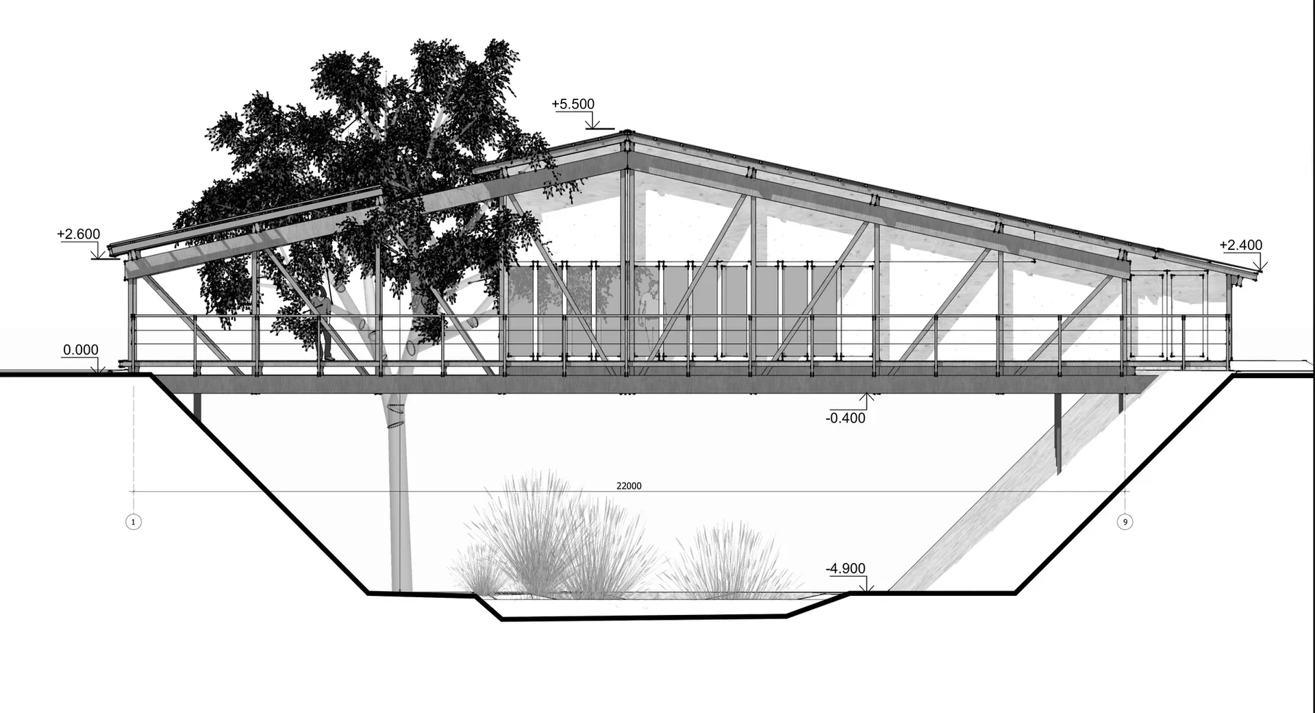 Schematic illustration of a modern treehouse structure featuring a wooden frame and an overhanging roof.