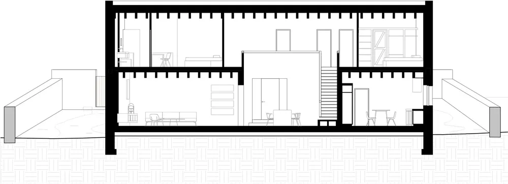 Black line architectural drawing of a house interior