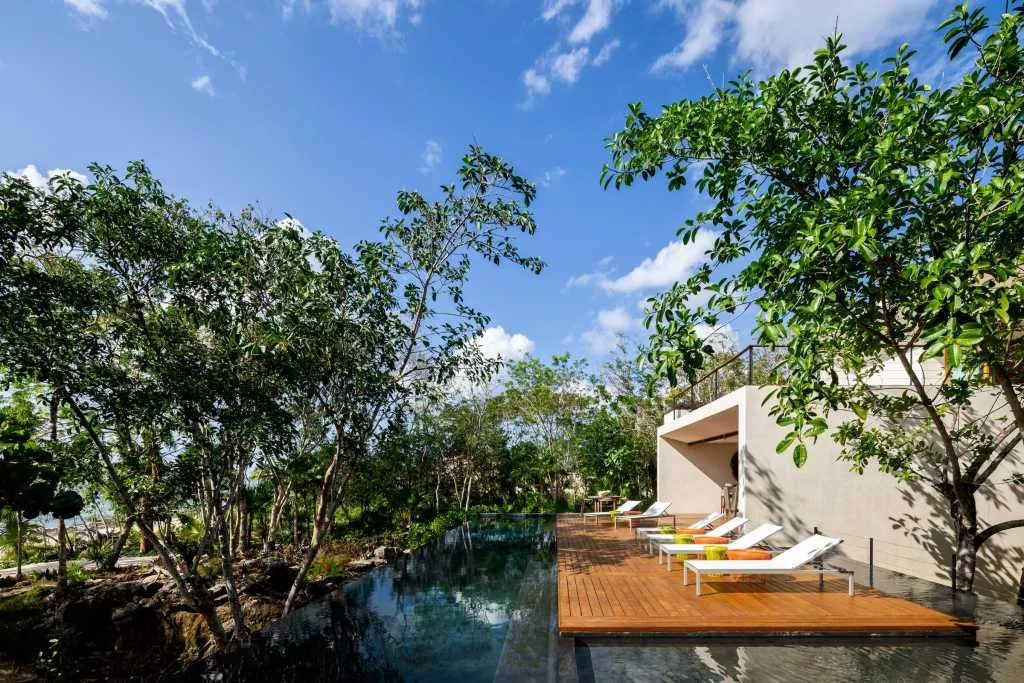 Modern residential exterior featuring wooden deck, glass pool, and concrete structures