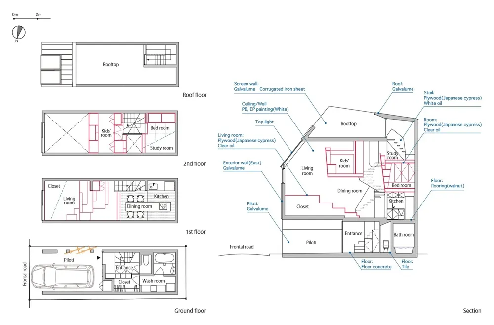 Detailed architectural blueprint showcasing a three-story residential house with designated living, bedroom, kitchen, and bat