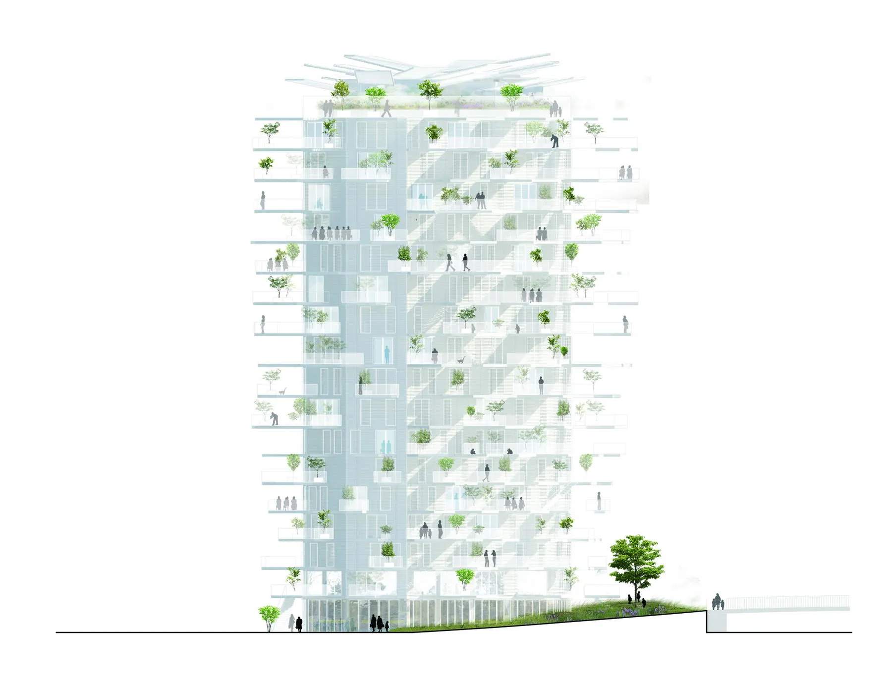 Vertical apartment building with green balconies