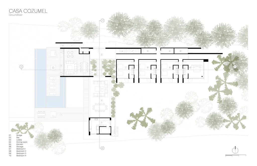 Groundlevel layout design of Casa Cozumel featuring a building with a pool, dining room, lobby, kitchen, and bedrooms.