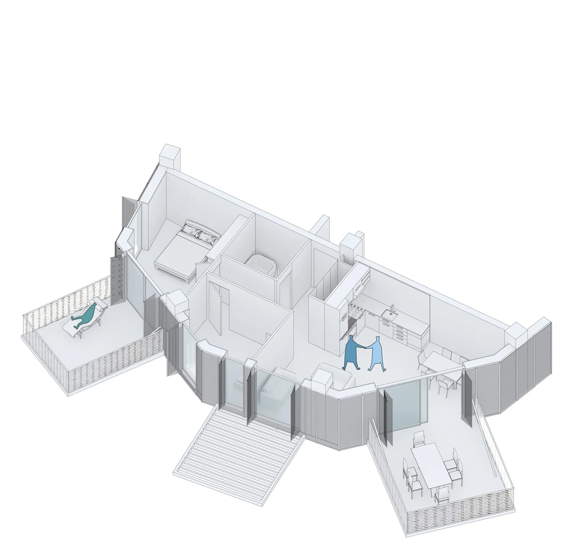 A wireframe 3D rendering of a modern apartment floor plan featuring metallic materials.