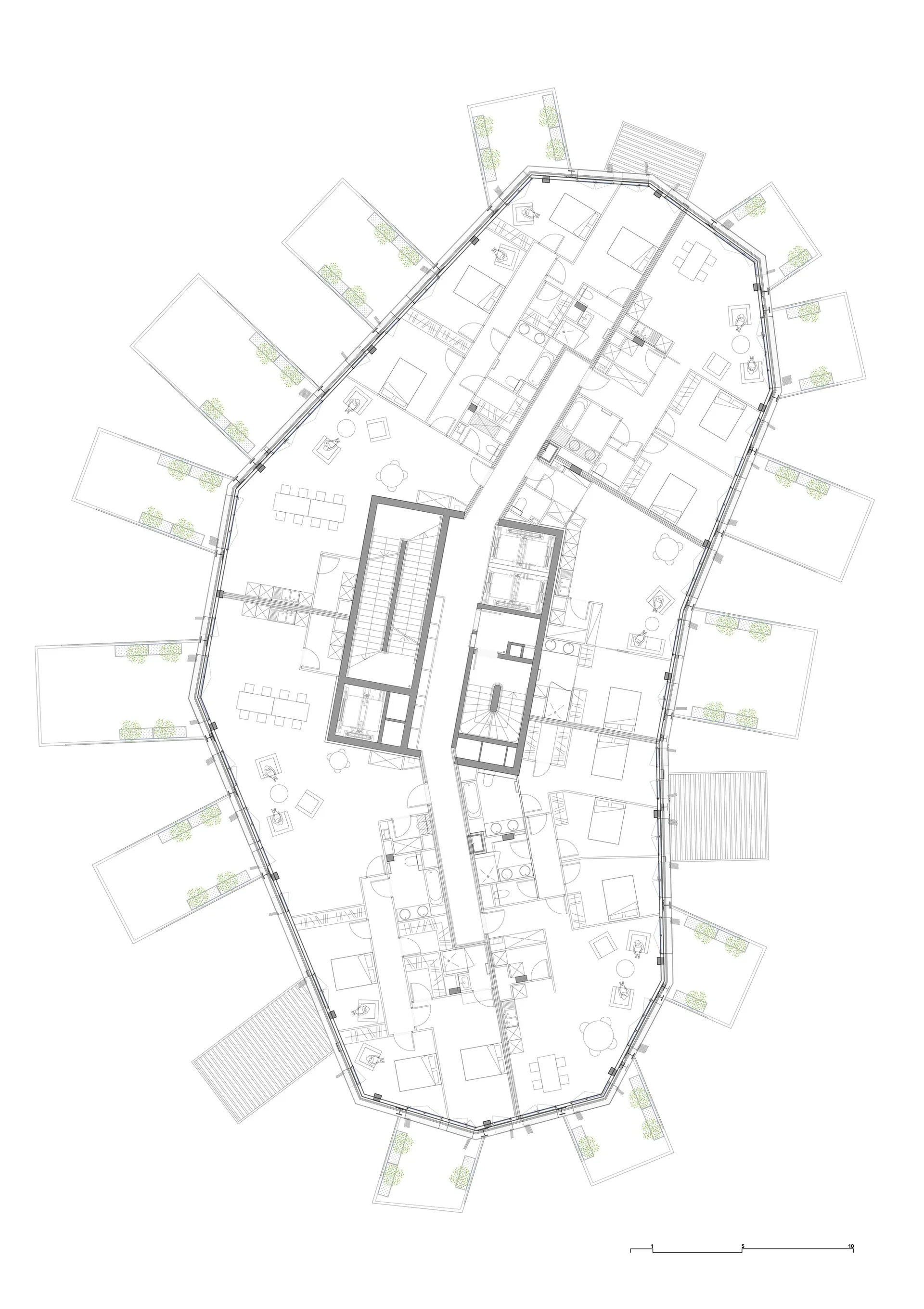 一張現代住宅建築的詳細樓層平面圖，展示各種建材與設計特色。