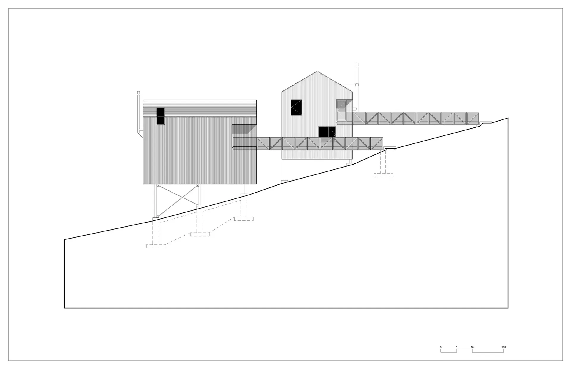 Architectural drawing of a modern house with metallic structure on a hillside.