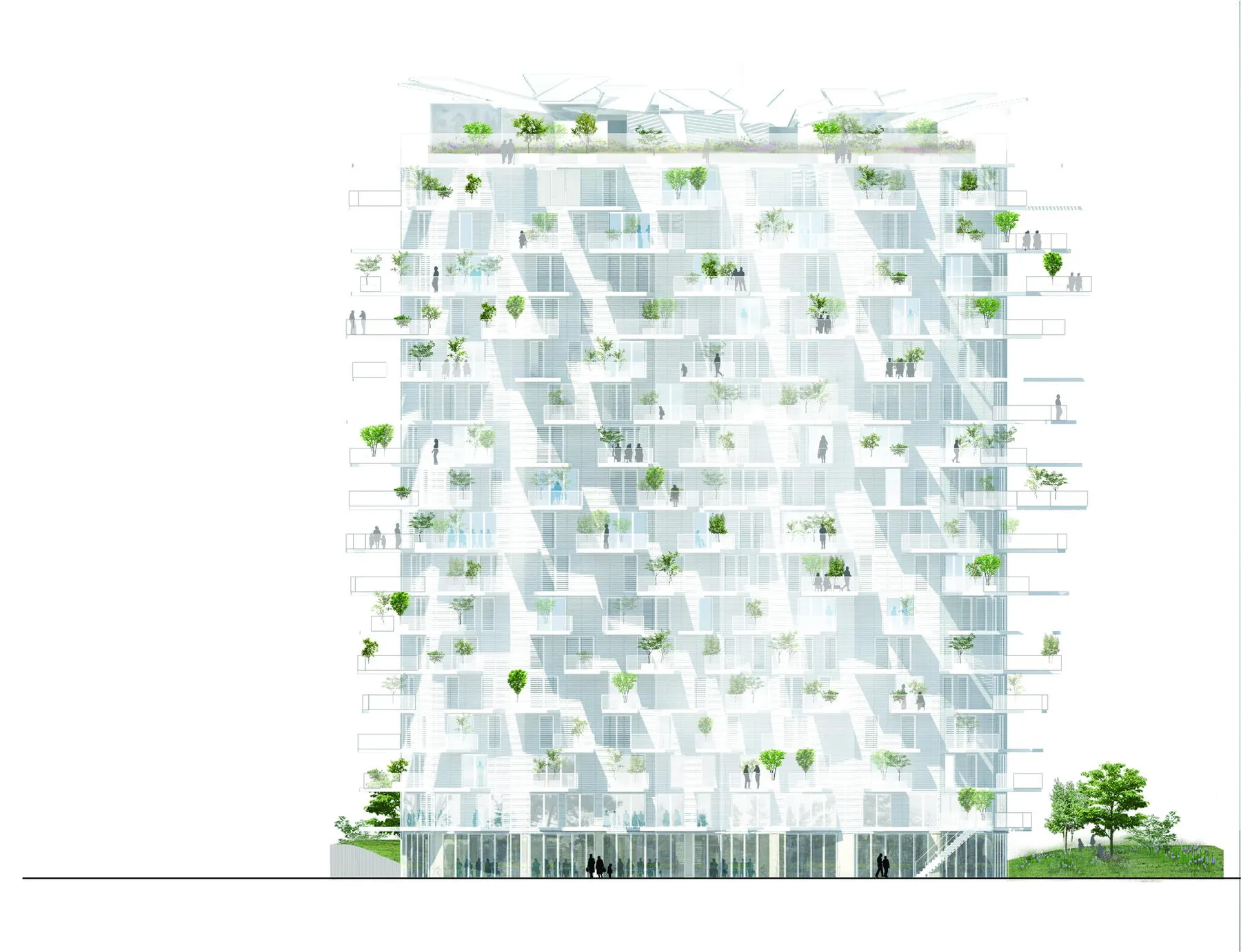 A modern building facade with glass panels and green plants.