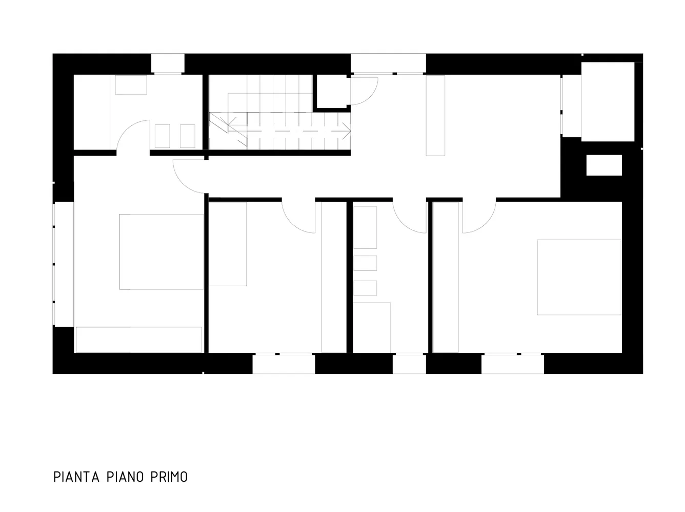 Minimalist residential floor plan with a layout featuring a living area, dining area, kitchen, and bedrooms.