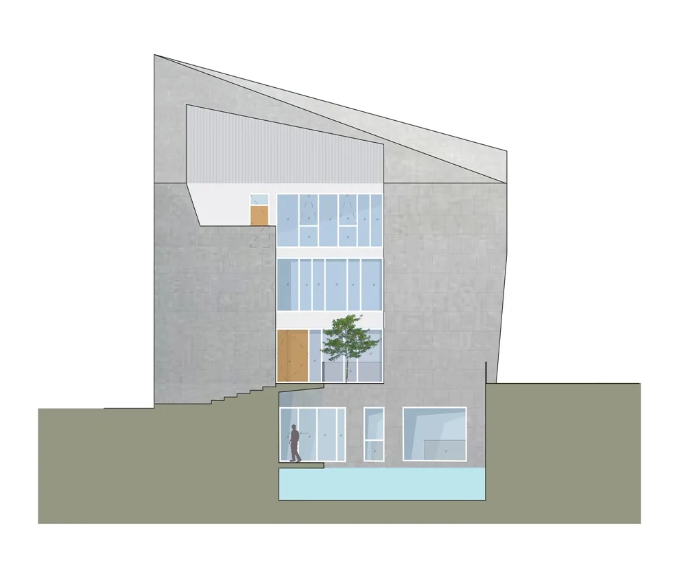 現代混凝土建築外觀,搭配大型窗戶與前方樹木。