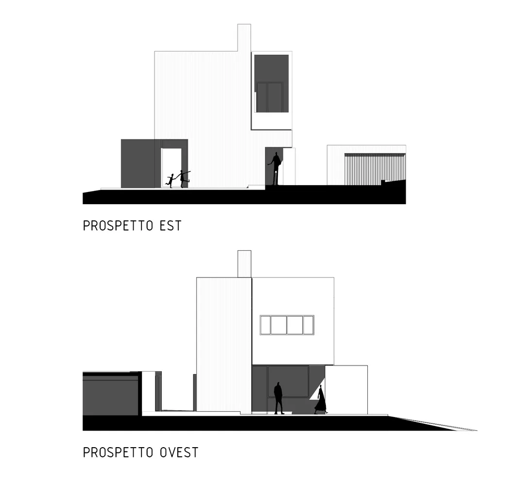 Black and white architectural drawings depicting elevation views of a house.