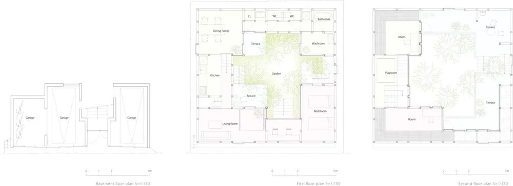 Detailed architectural floor plan of a residential house showing basement, first, and second floors.